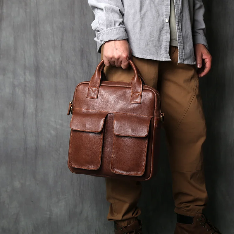 New Retro Leather Men's Top Layer Cowhide Vertical Single Shoulder Messenger Bag Postman Handbags Designer Computer Briefcase