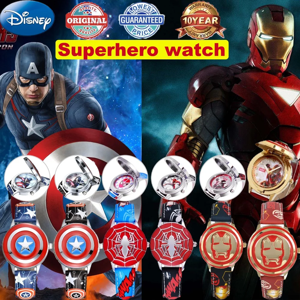 

Детские часы Disney Marvel кожаные кварцевые откидные металлические наручные часы для мальчиков Капитан Америка Человек-паук