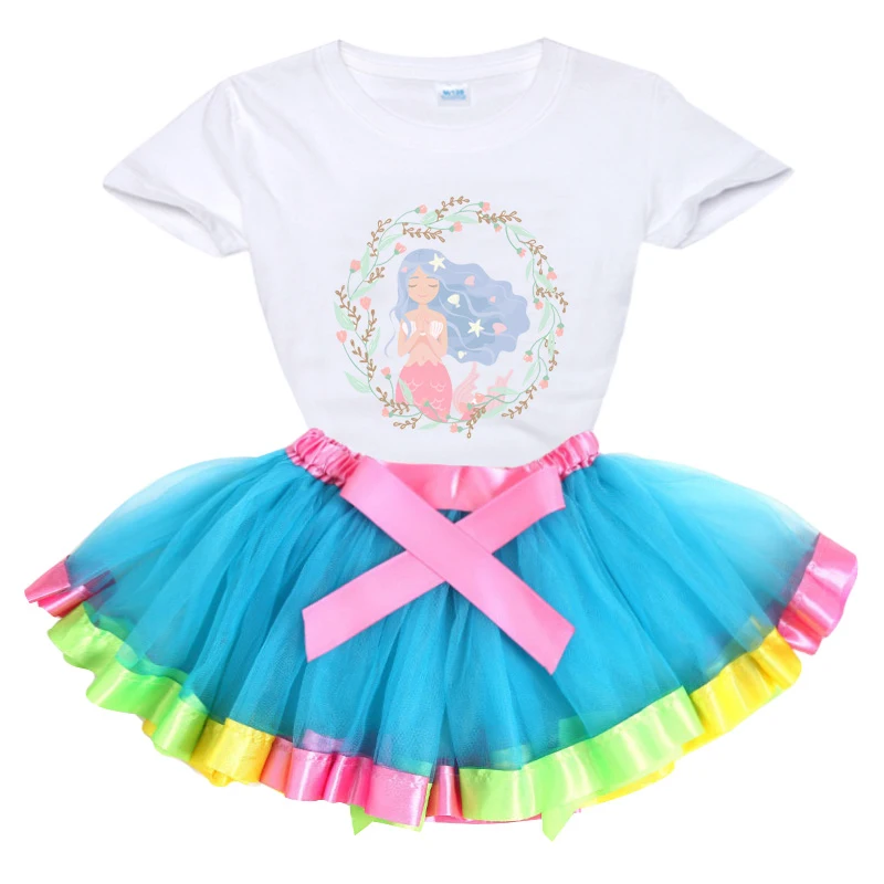 

Fashion Girls 2024 Summer Clothes 2-8Years Toddler Kids Girl Cartoon Cute Girl Print T-shirts+rainbow Skirts Outfits 2Pcs Set
