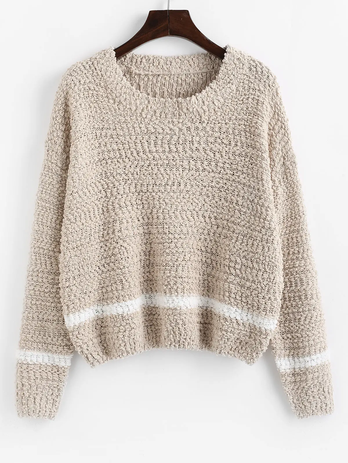 

ZAFUL Contrast Trim Textured Boucle Knit Sweater Women Drop Shoulder Round Neck Pullover Spring Autumn Long Sleeve Jumper Casual