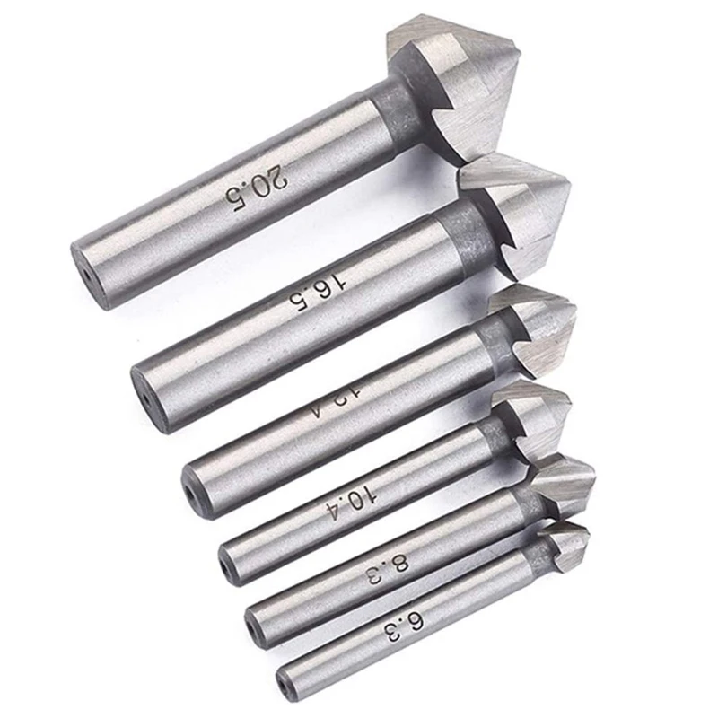 

6Pcs Round Shank 3 Flute 90 Degree HSS Chamfer Chamfering Cutter End Mill Tool Countersink Drill Bit Set