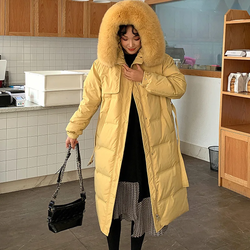 Quality Women Long Down Jacket New Winter Warm White Duck Down Outerwear Abrigo Mujer Casual Hooded Fur collar Parka Overcoat