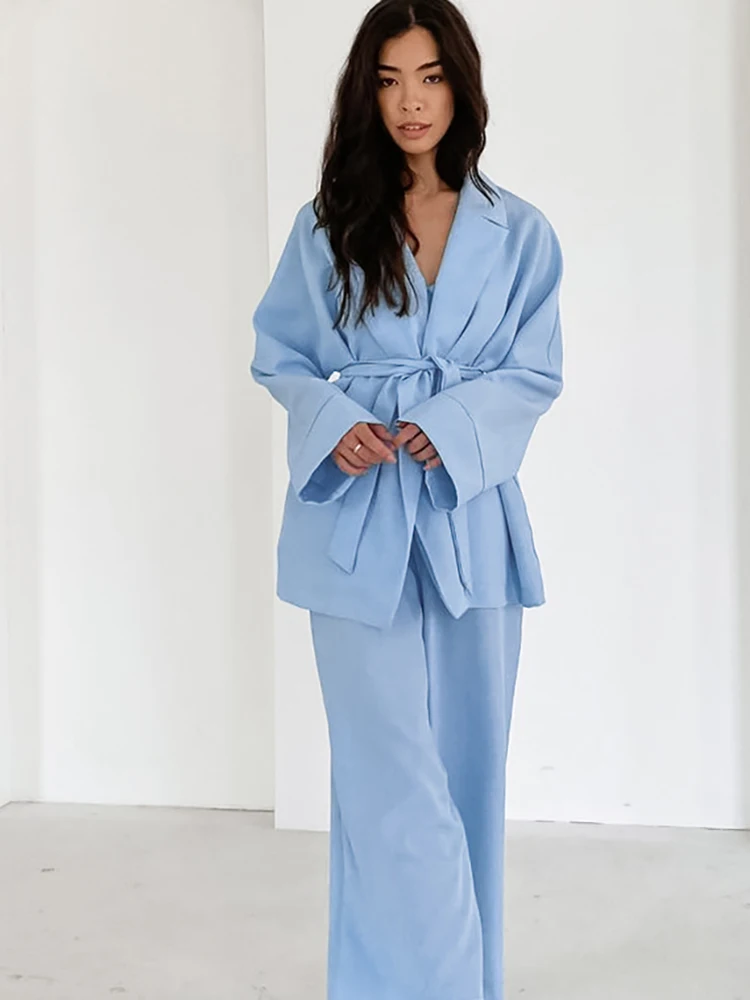 

Linad Loose Women's Home Clothes 2 Piece Sets Blue Long Sleeve Sleepwear Sashes Female Trouser Suits Autumn Nightwear 2022