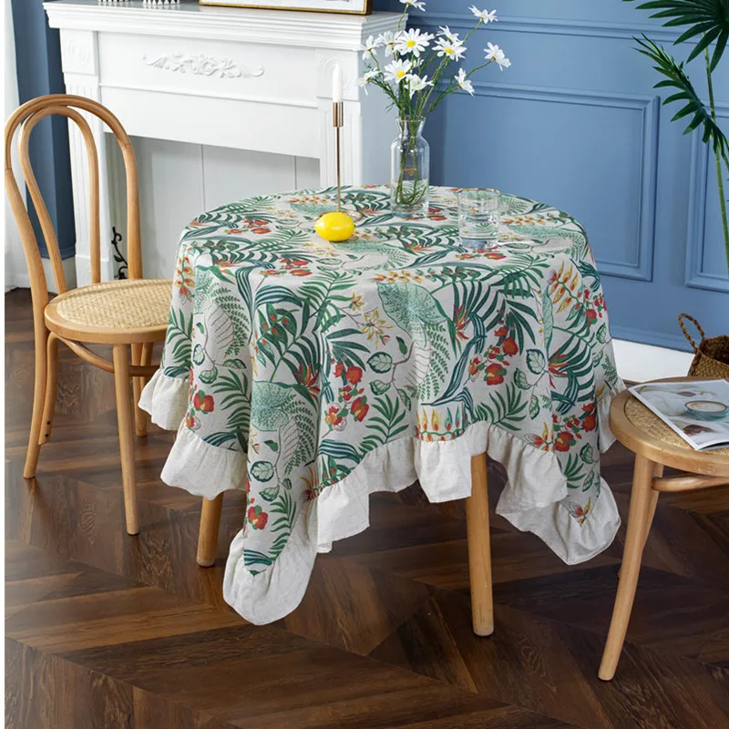 

Pastoral Ruffled RoundTablecloth European Retro Lotus Leaf prints Side Table Cloth Party Table Cover Tablecloth Cloak Mesa Nappe