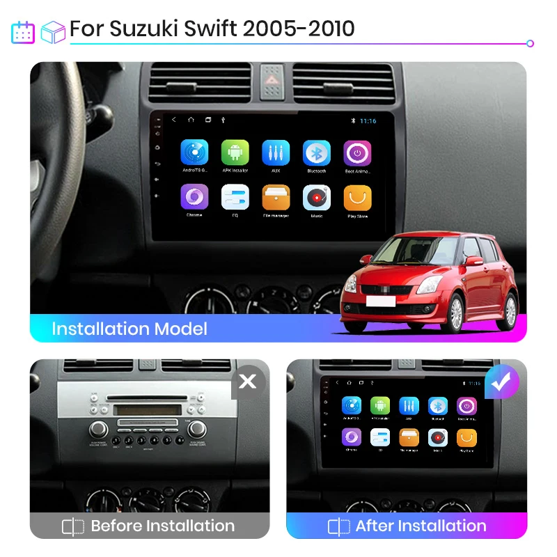 Для автомобиля Suzuki Swift 2005 2006 2007 2008 2009 2010 Android-радио-мультимедийный плеер с навигацией GPS, видео, 2DIN, IPS, 8 ядер, 4G.