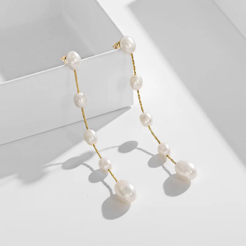 Женские длинные серьги-подвески ALLNEWME с натуральным пресноводным жемчугом и