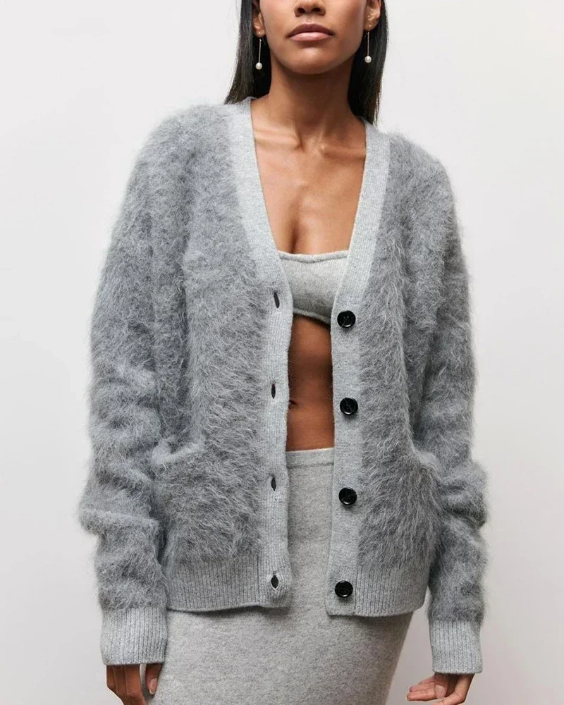 Кардиган женский с длинным рукавом и V-образным вырезом на пуговицах