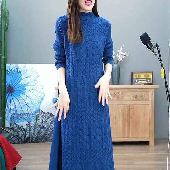 

Женское трикотажное платье с длинным рукавом, винтажное элегантное облегающее платье с высоким воротником, модель T197 на осень, 2022