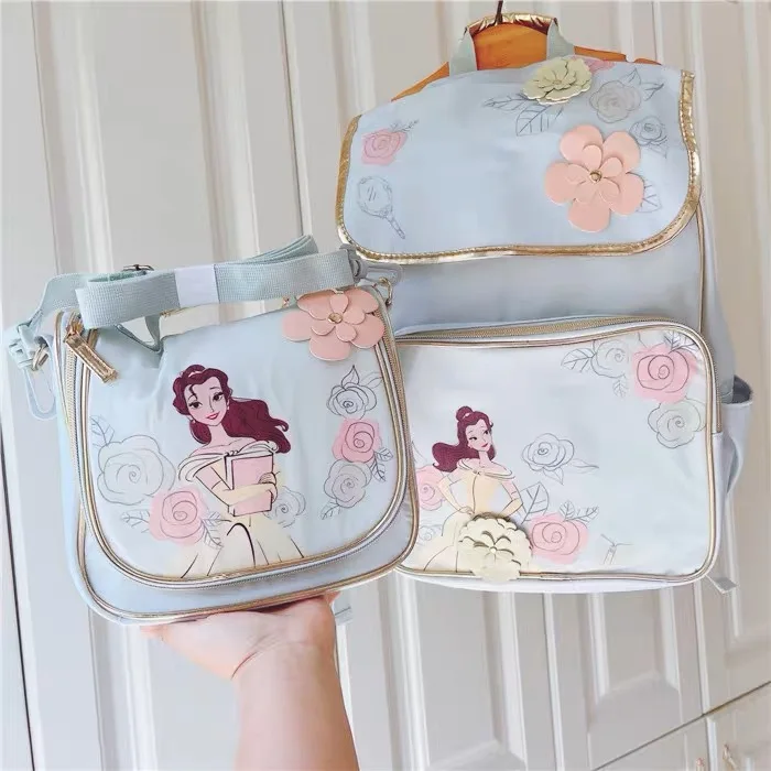 

3D Flower School Bag Backpack Princess Belle Bag Kawaii Ultra-light Weight Kids Bag Student Start School Gift Rucksack+Lunch Bag