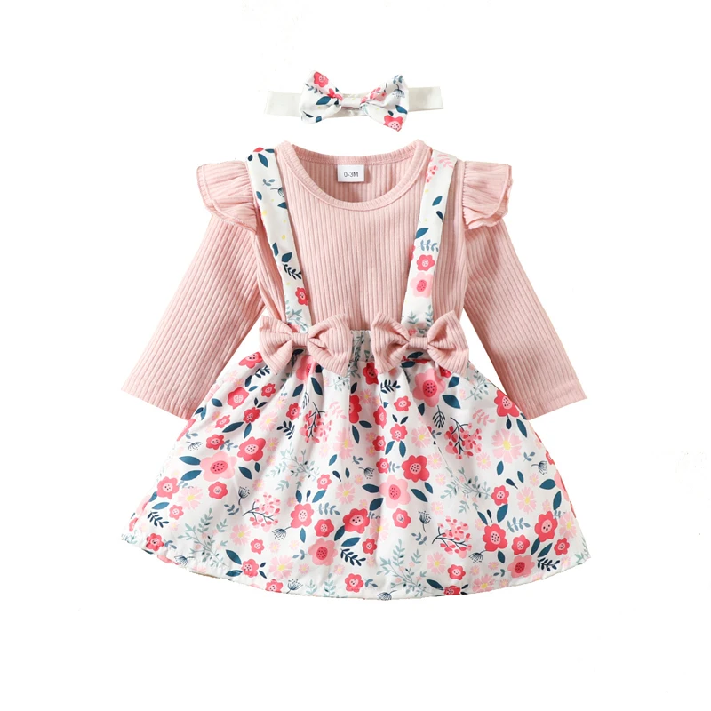 Spring Autumn Newborn Baby Girl Outfit Set Long Sleeve Pit Strip Suit Bow Strap Skirt