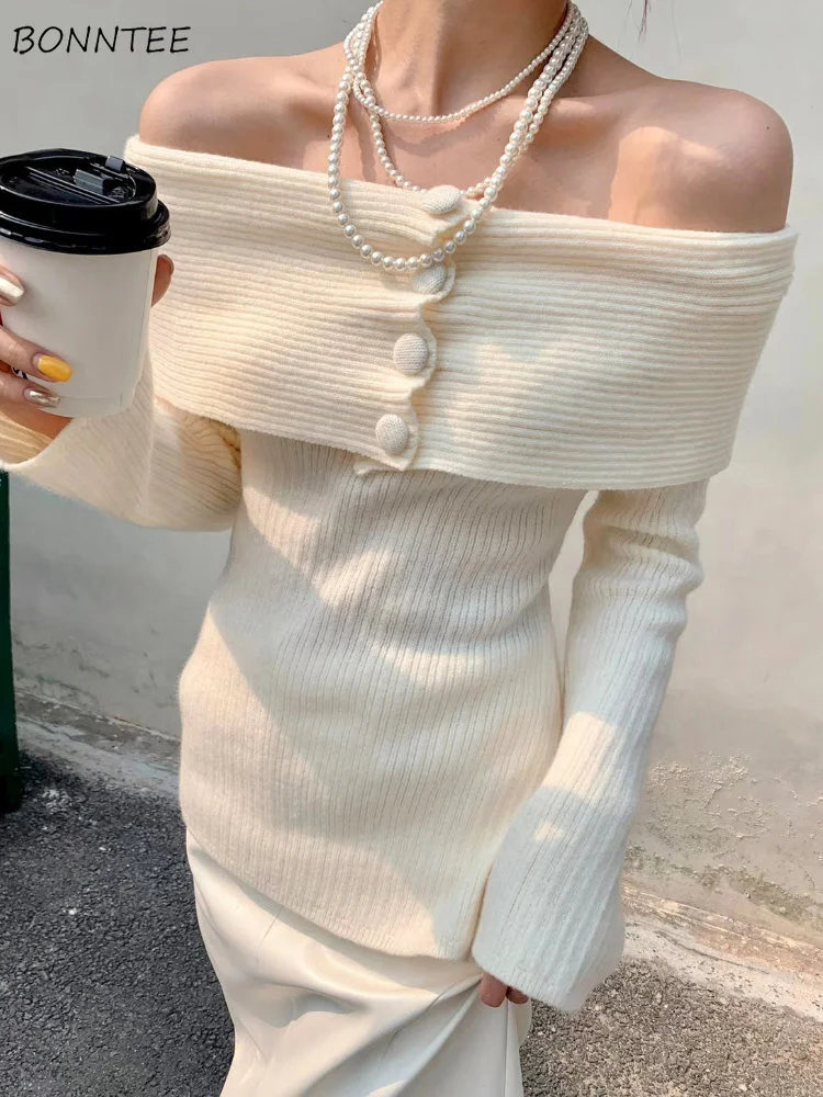 

Pullovers Women Slash Neck Pure Slim Fit Tender Females Daily All-match French Style Simple Cozy Spring Classic Свитер Popular
