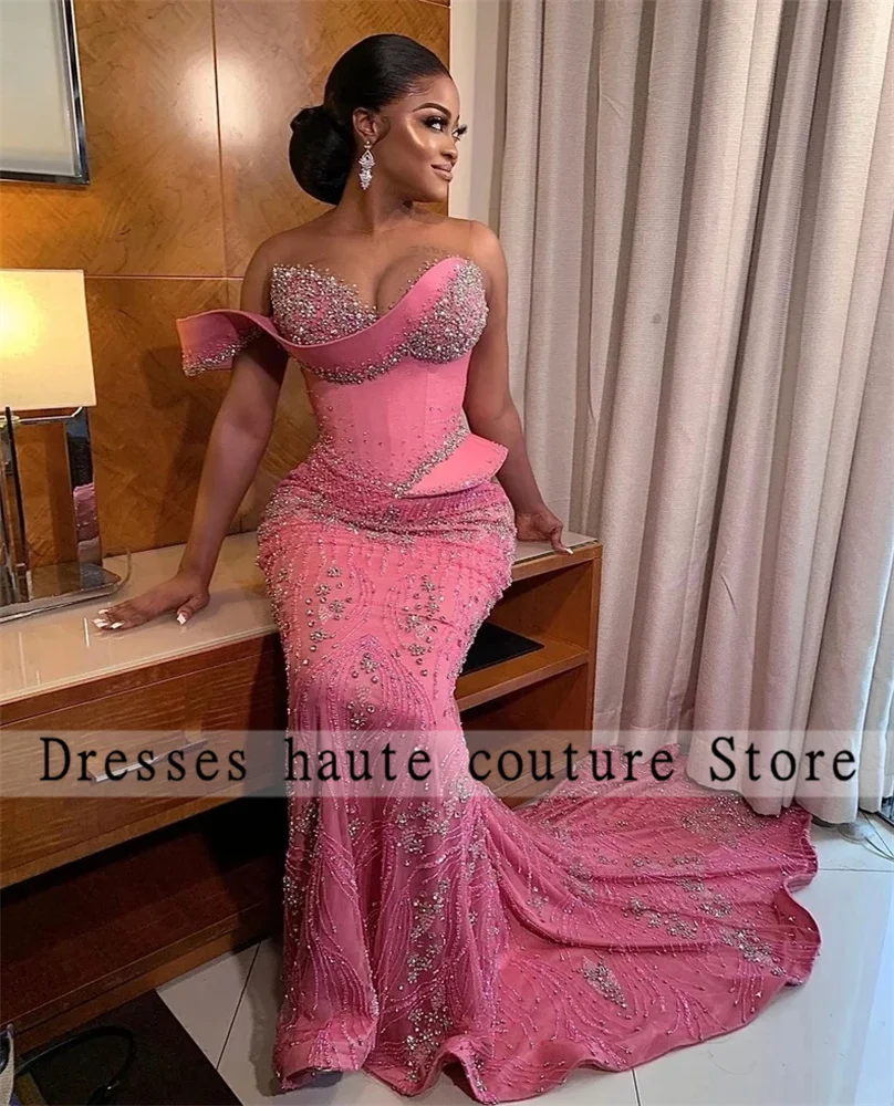 

Aso Ebi Pink Mermaid Evening Dresses Nigerian African Beading Lace Prom Dress Sexy Sheer Neck Women Formal Party Gowns