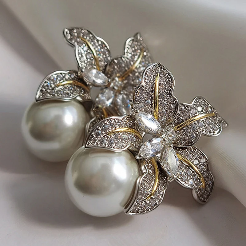 Huitan Популярные двухцветные цветочные серьги с искусственным жемчугом для женщин эстетичные женские серьги аксессуары для свадьбы вечеринки эффектные ювелирные изделия