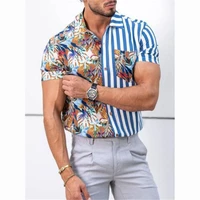 2022 mens shirts summer fashion trend striped contrast floral patchwork print hawaiian beach casual vacation short sleeve shirt