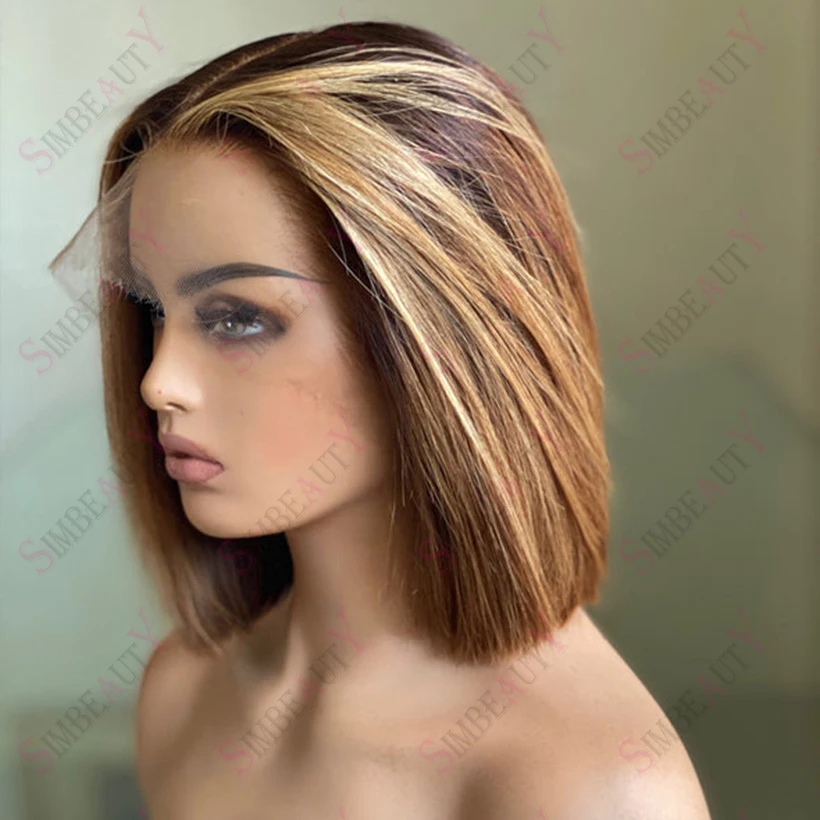 Caramel Brown Straight Short Bob 360 Lace Frontal Human Hair Wigs Highlight Glueless Bleach Knots 13X6 Lace Front Wig Remy 180%