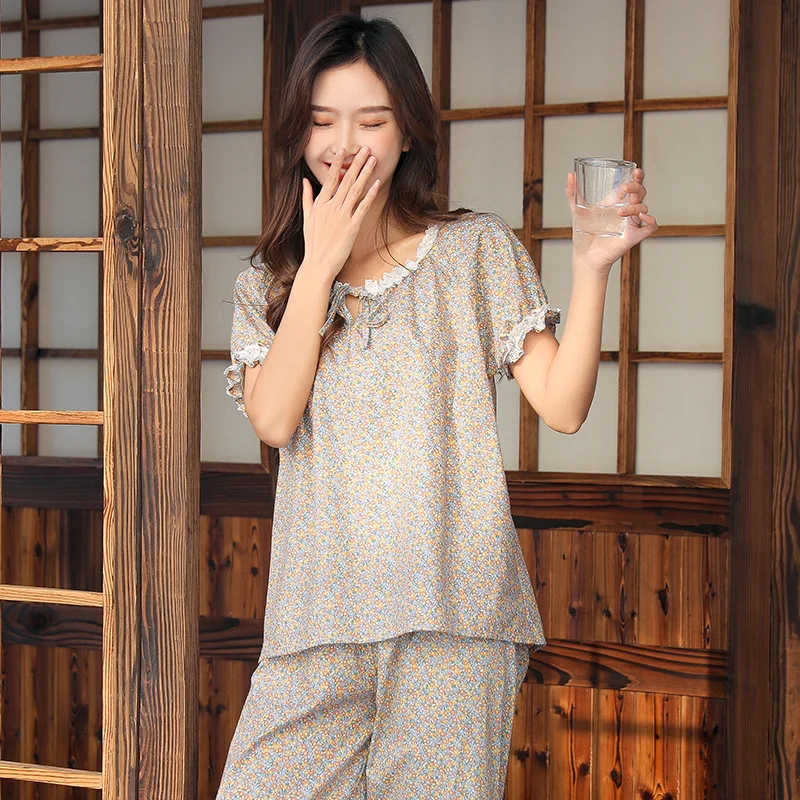 Summer New Pajamas Cotton Women's Summer Suit Sweet Broken Flower Double layer Yarn Pajama Set Short Sleeve Suit Sleepwear