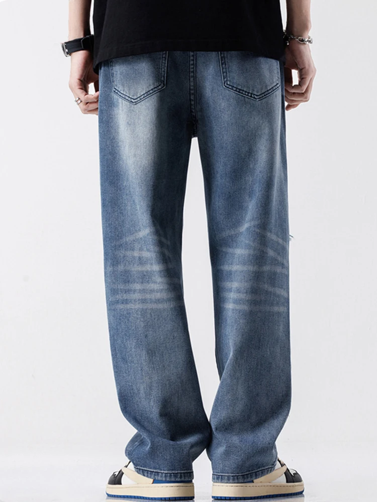 Men's Loose Fit Casual Jeans - Baggy Pants with Holes and Rips American Wide-legged Straight Jeans with Holes and Torn Design