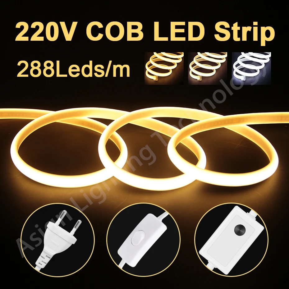 COB LED Light Strip 220V 288LEDs/m Waterpoof Flexible LED Ribbon With Switch/Dimmable Power EU Plug for Kitchen Bedroom Decor