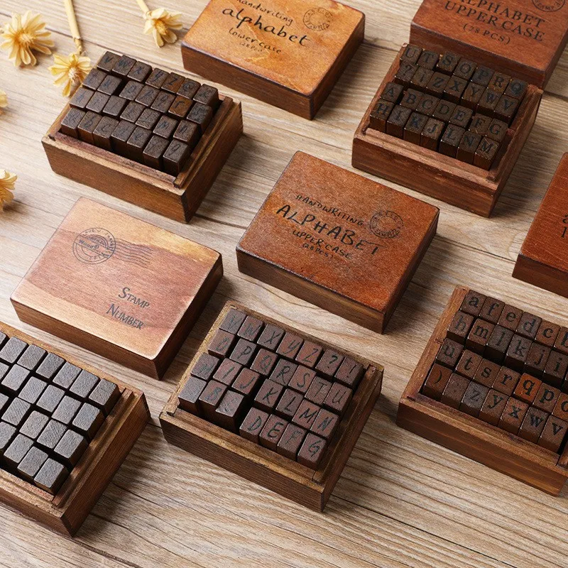 

LOLO 28/30/42Pcs Wooden Alphabet Stamps Vintage Uppercase Lowercase Letter Retro Rubber Stamps Diy Diary Ablum Hanmade Craft