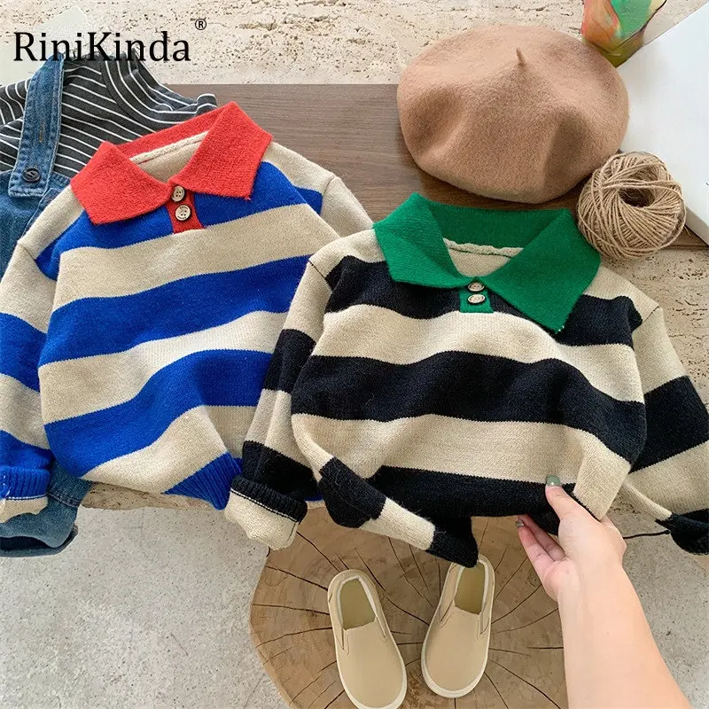 

RiniKinda 2023 Baby Girls Spring Turn Down Collar Sweater Clothes Autumn Boys Children Clothing Pullover Knitted Kids Sweaters