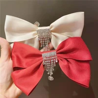 korean style hair clip tassel ribbon bow wine red rhinestone white black women hair pins bow barrettes bow hair clip