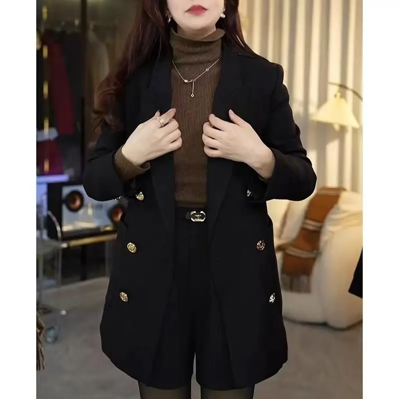 Черный двубортный хлопковый костюм женский осенне-зимний новый