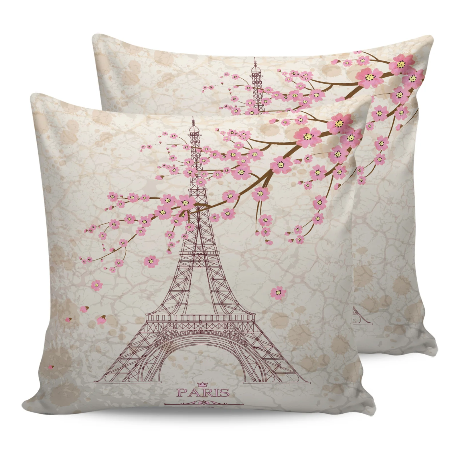 

2PCS Pillowcases Beautiful Cherry Blossom Paris Tower Cushion Cover Home Bedding Living Room Decorative Couch Throw Pillow Case