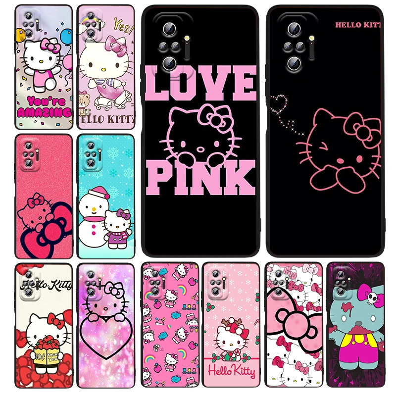 

Cartoon Hello Kitty Cute Phone Case For Xiaomi Redmi K50 K40 Gaming 10 9AT 9A 9C 9T 8 7A 6A 5 4X Black Funda Silicone Cover