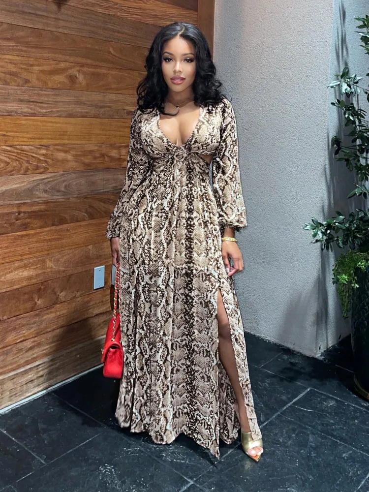 

Повседневное женское платье макси JRRY с высоким разрезом, длинные платья с длинным рукавом, глубоким V-образным вырезом и принтом