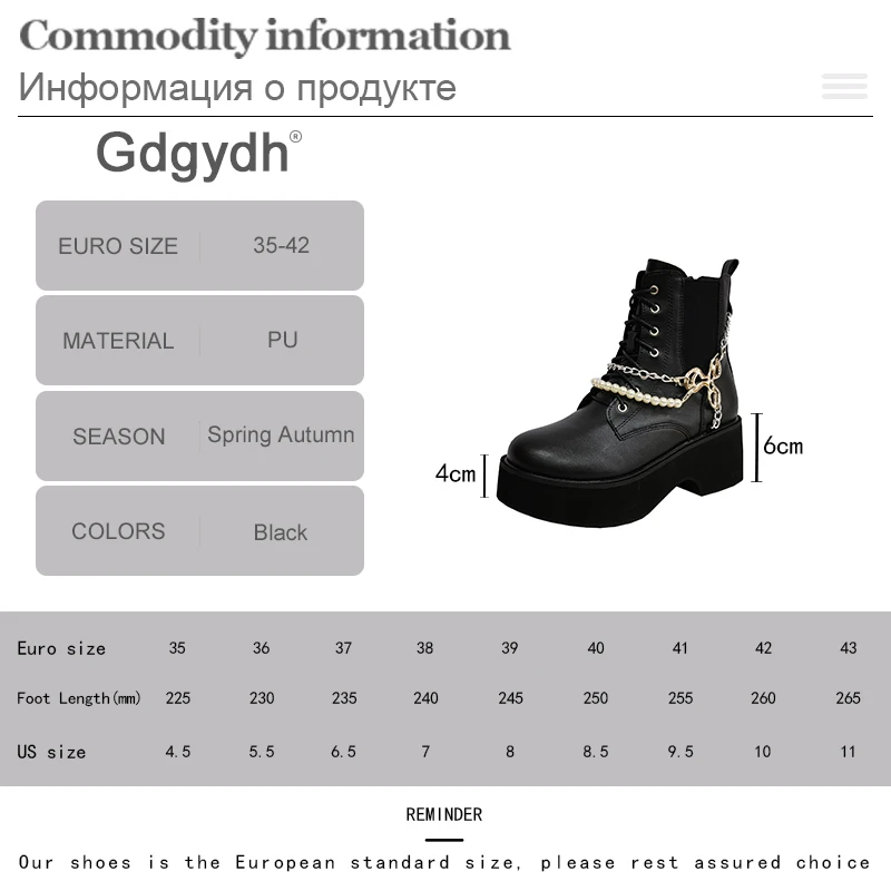 Gdgydh Women Chunky Boots Platform Heels Lace Up Fashion Pear Combat Ankle Boots Side Zipper Chain Decor Daughter Concert
