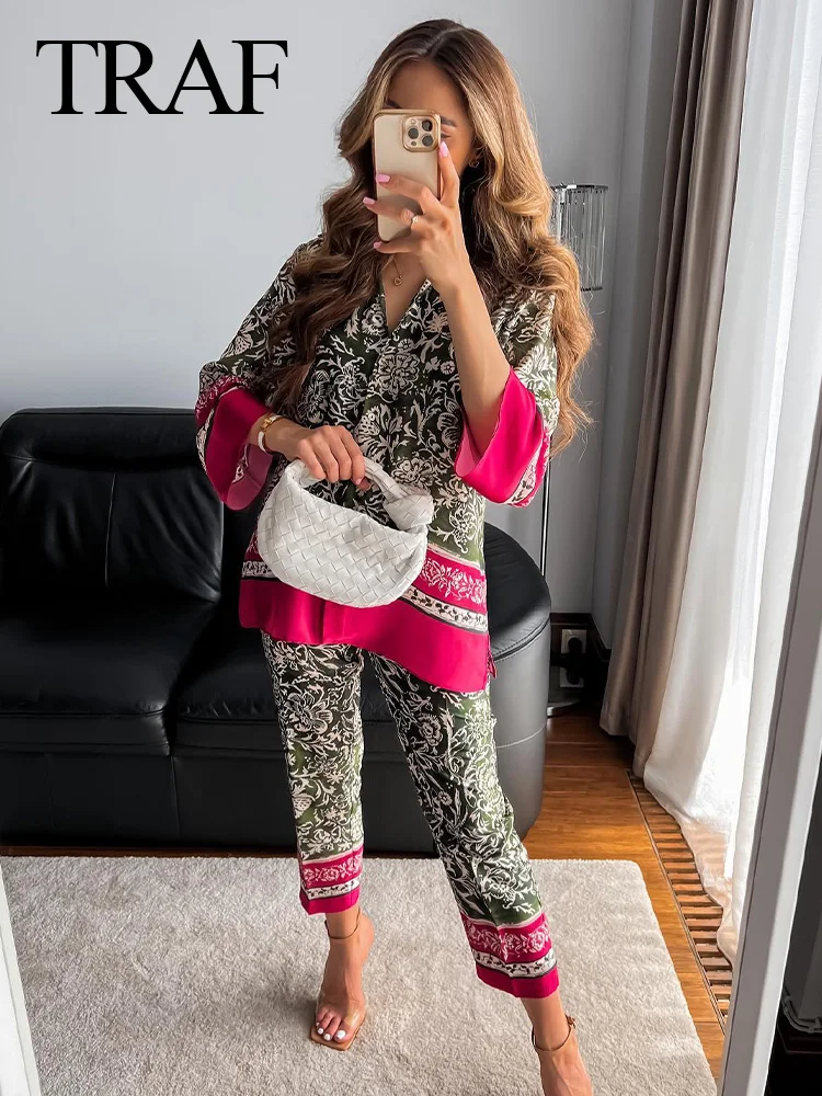

TRAF Women's Fashion Summer Pants Set Print Turn-Down Collar Sleeve Single Breasted Blouses+Elastic Waist Zipper Loose Trousers