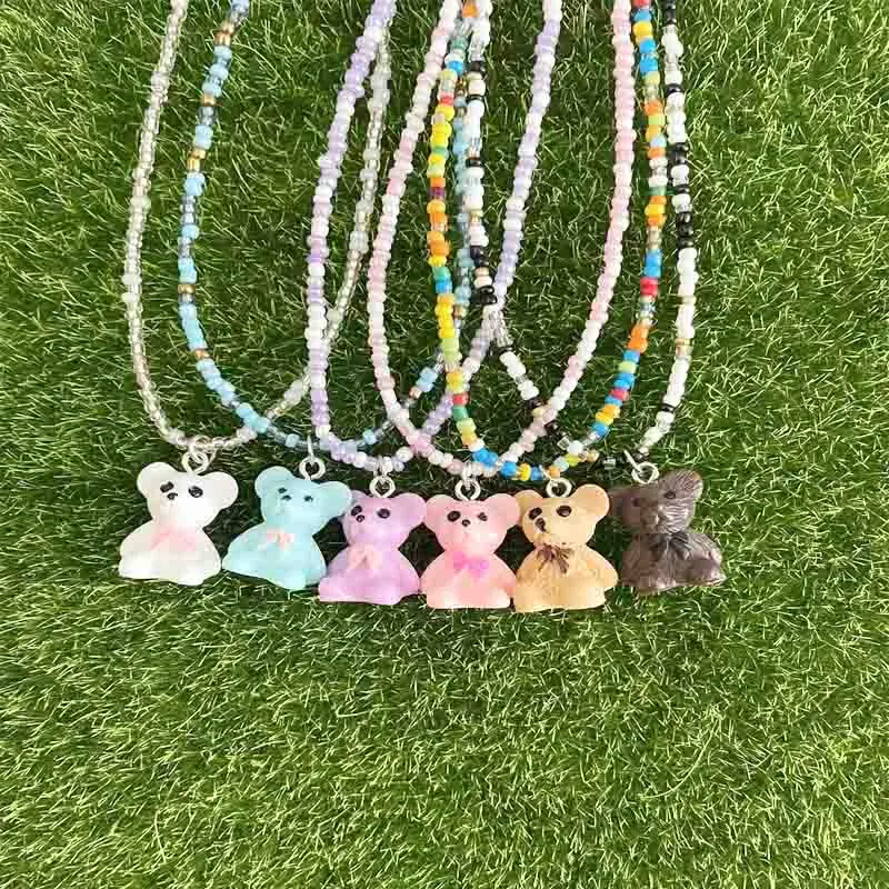 

38cm Necklace With Resin Pendant 3D Simulation Bears For Child Bohemia Handmade Rainbow Seed Beads Simple Choker Jewelry Gifts