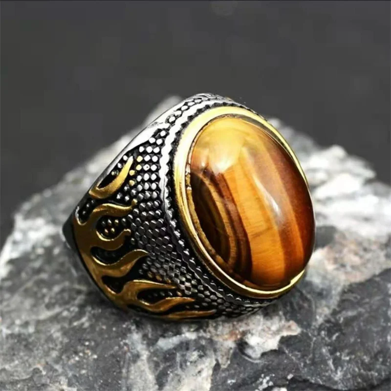 

Charm Elegant Silver Colors Round Geometry Rings for Women Trendy Metal Inlaid Tiger Eye Stone Wedding Engagement Jewelry