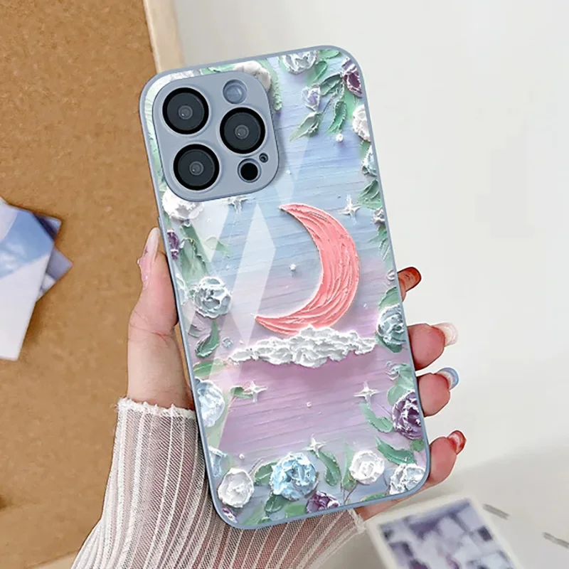 Чехол из закаленного стекла со звездами и Луной для iPhone 12 чехлы 14 15 11 13 Pro Max X XR XS 7 8