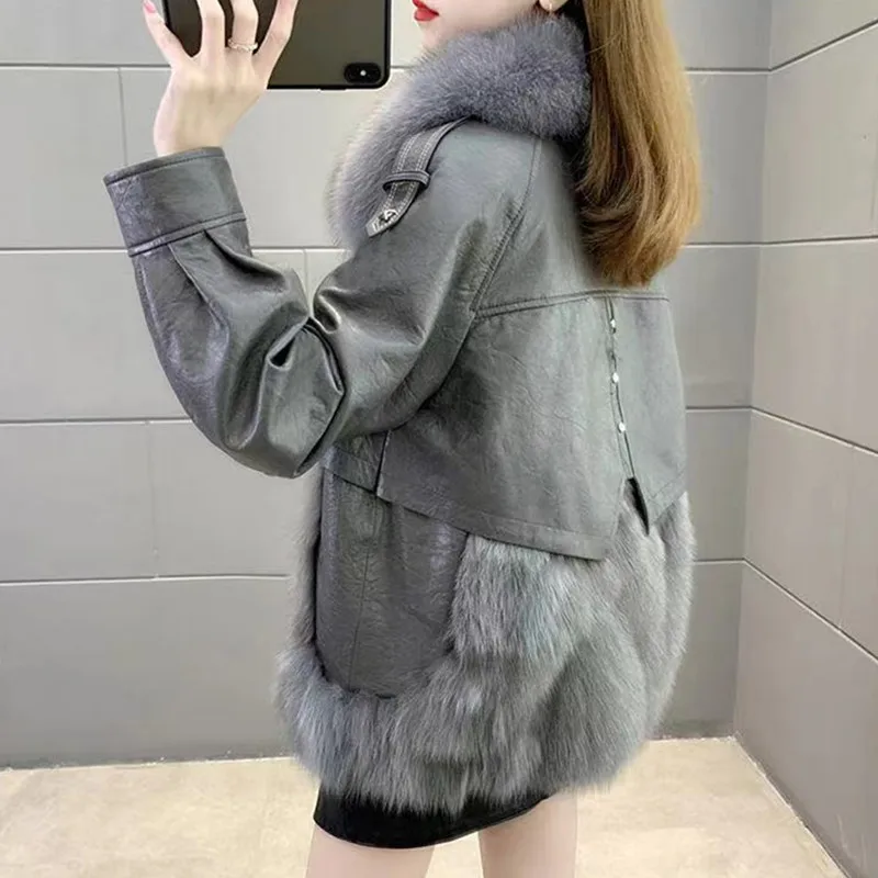 Autumn Winter Warm Women's Faux Fur Lady Moto Biker PU Leather Fur Collar Patchwork Jacket 2022 New Black Outerwear Female