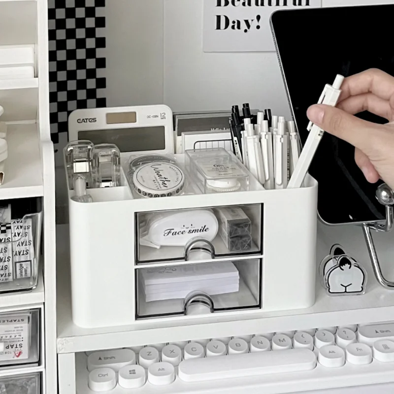 

Desktop Pencil Desk Holder Organize Shelve Cosmetic Organizer Plastic Drawer Stationery Pen Ins Storage Box Office