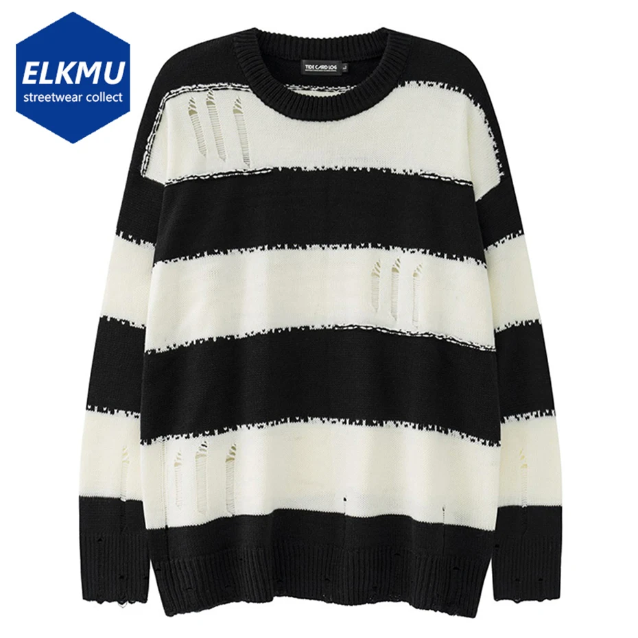 

Black White Striped Sweaters Streetwear Hip Hop Knitted Sweater Men Loose Ripped Jumpers Pullovers