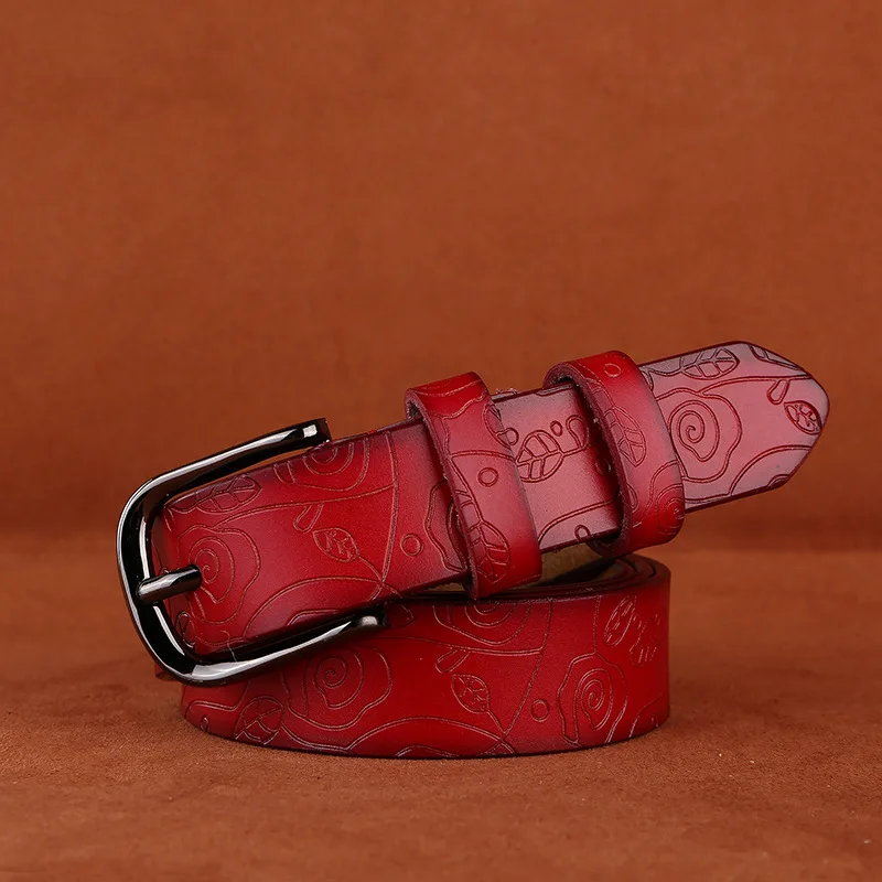 Belts Women Thin Genuine Leather Belt Womens 6 Colour Floral Carved Belts for Women Femme Belt Female Lengthened Women's Belt