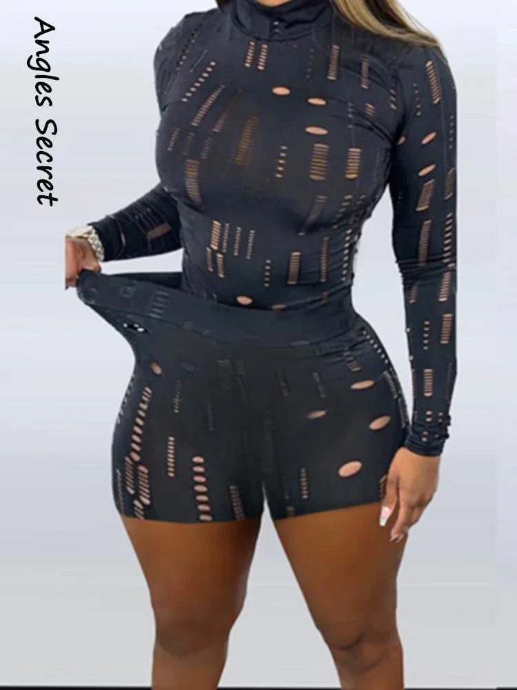 

Angles Solid Cut Out Hole Turtleneck Long Sleeves Sexy Slit T Shirts Shorts 2 Pieces Set Summer Women Outfit Streetwear Sports
