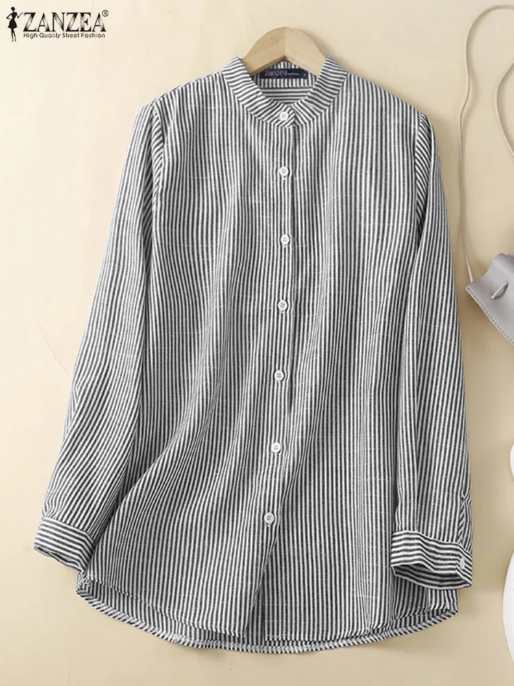

2023 ZANZEA Женская Весенняя блузка повседневная женская Свободная рабочая блуза Mujer модная полосатая рубашка с длинным рукавом на пуговицах Топы туника