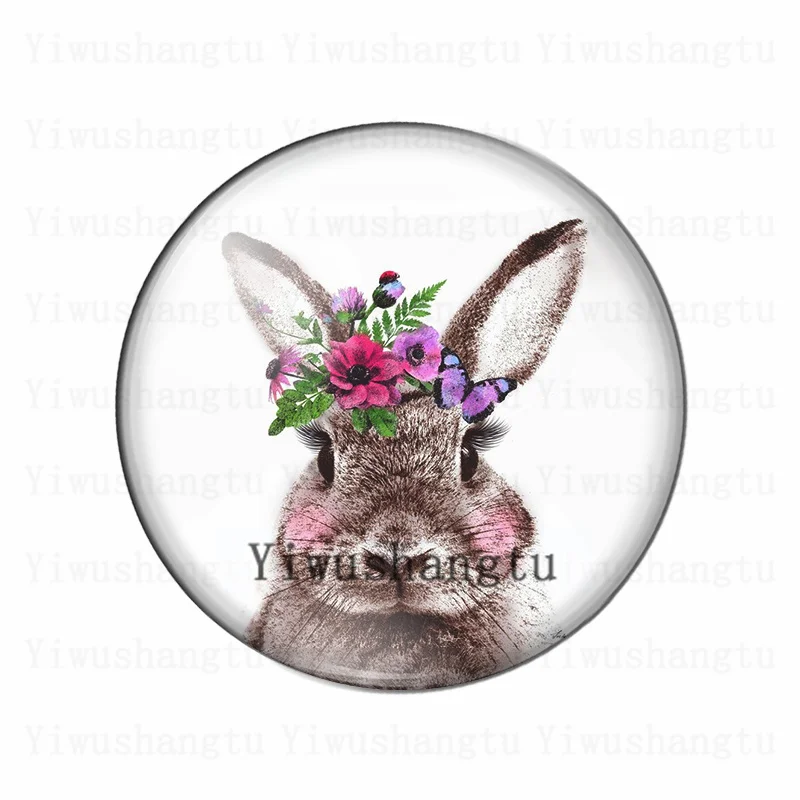 Стеклянные фотокабошоны &quotГолова кролика с цветами&quot круглые 10 штук