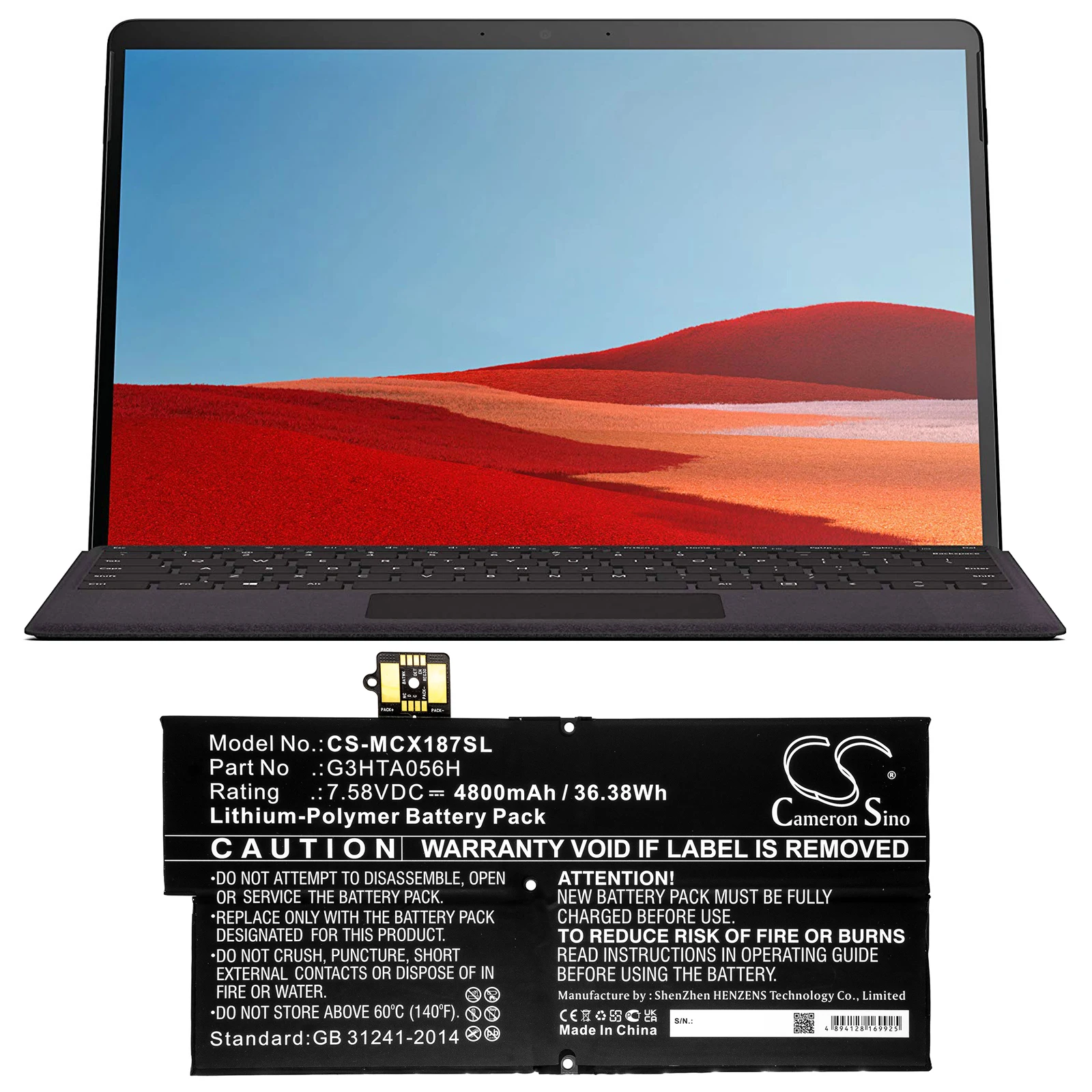 Литий-полимерный аккумулятор для планшета Microsoft G3HTA056H Surface Pro X 1876 вольт 7.58, емкость 4800 мАч/36.38 Втч