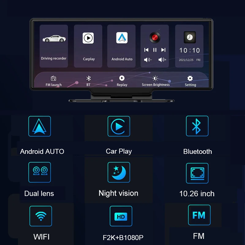 10 26-дюймовый 4K + 1080P Беспроводной Bluetooth Android Auto Carplay GPS-навигация DVR Две камеры Запись