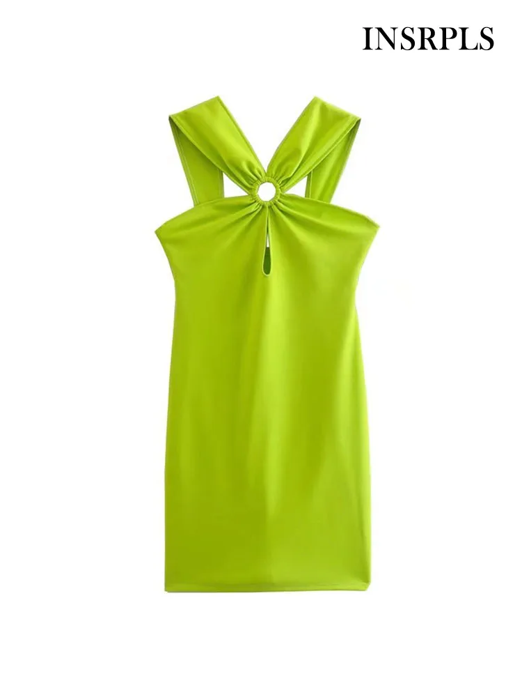 

INSRPLS Women Fashion With Ring Hollow Out Mini Dress Vintage Backless Wide Straps Female Dresses Vestidos Mujer