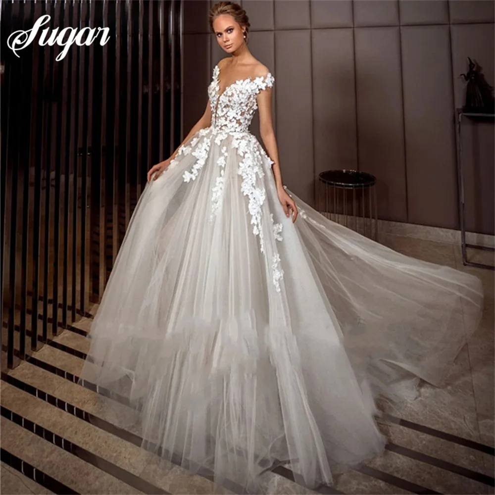 Купи 3D Lace Appliques Wedding Dress For Women Elegant Cap Sleeves Bridal Gowns Tulle Sweep Train Custom Made Vestido De Novia 2023 за 4,260 рублей в магазине AliExpress