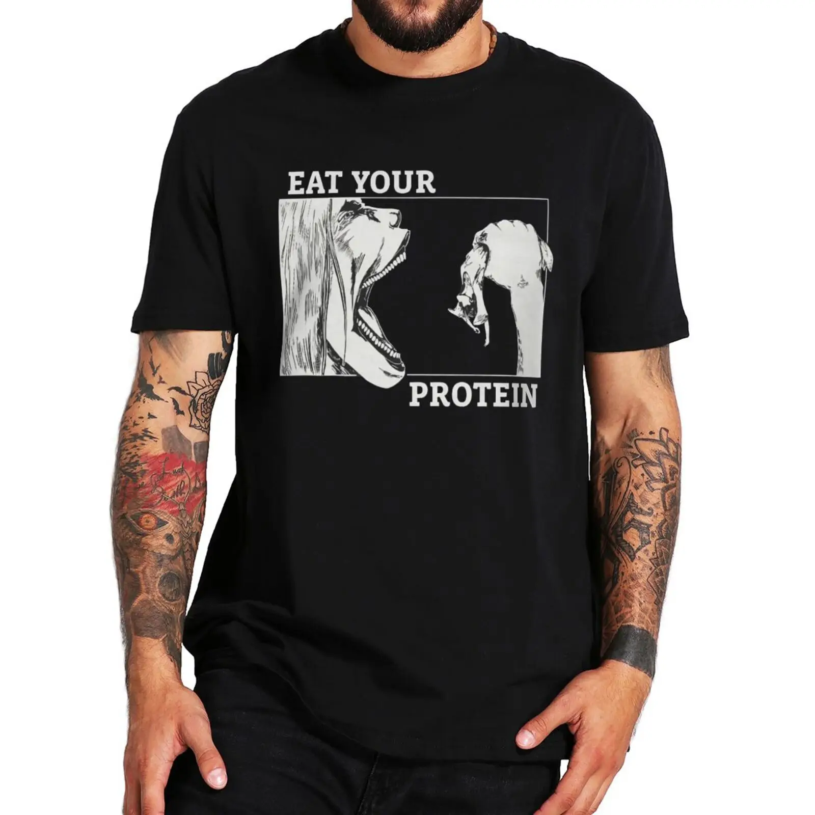 

Eat Your Protein T Shirt Anime Gym Manga Jokes Retro Tops Tee 100% Cotton Unisex Casual O-neck T-shirt EU Size