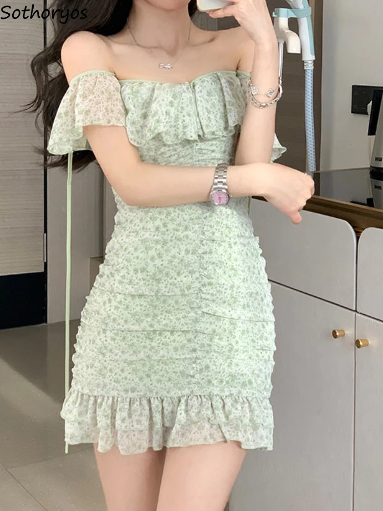 

Женское облегающее платье с цветочным принтом, привлекательное нежное Летнее мини-платье с оборками в Корейском стиле, повседневное просто...