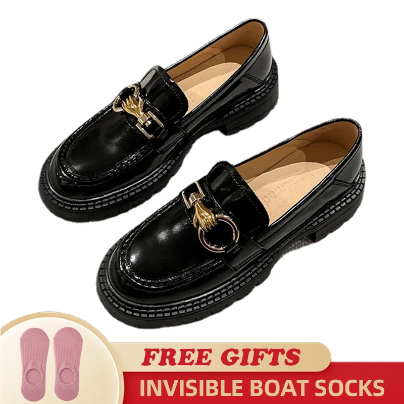 

Women 2022 New Genuine Leather Pumps Lovely Ladies British Style Student Platform Loafers Casual Elegant Slip-On Mid Heels Shoes