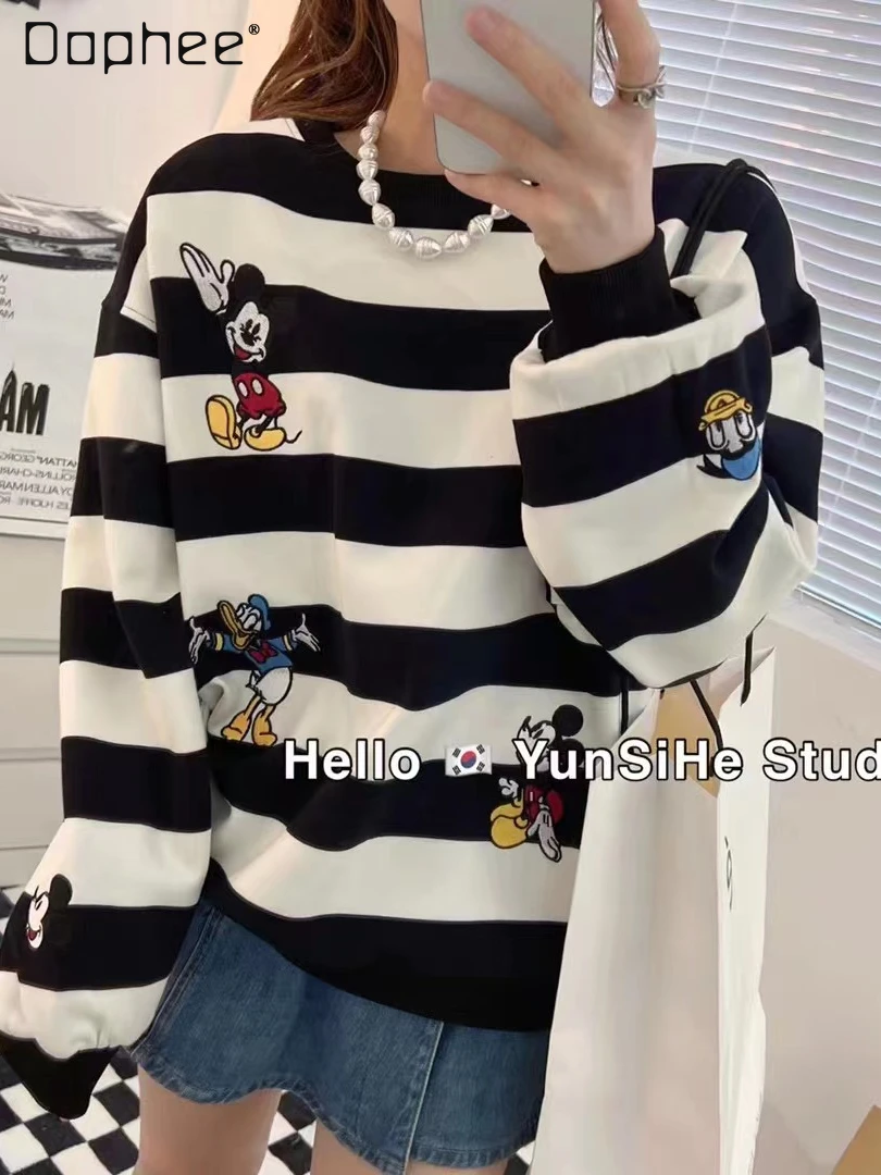 

Autumn New Striped Sweatshirts Women's Korean-Style Fashion Cartoon Embroidered Loose Crew Neck Long-Sleeved Women's Hoodie Coat