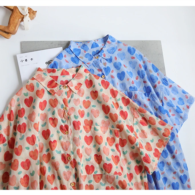 

Summer New Cotton Korean StyleTurn-down Collar Red Heart Print Shirts Loose Comfortable Casual Pastoral style Shirts Blouses